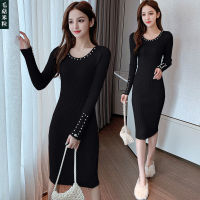 Knitted Dress Womens Autumn and Winter Dress round Neck Bead Match with Coat Skirt Slim Fit Package Hip over-the-Knee Base