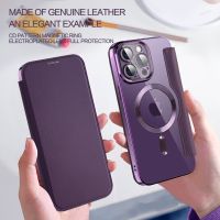 [Woo Fashion Case] เคสหนังฝาพับแม่เหล็กสำหรับ IPhone 14 Plus 13 12 11 Pro Max กระจกเต็มเลนส์กันกระแทกฝาหลัง Magsafe ที่ชาร์จ