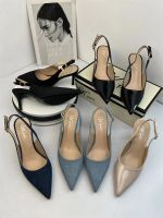 Pole end light luxury cow goods [Yujie Zhannan] simple pointed toe thin heel strap sandals back empty Baotou high heels 【QYUE】