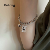 Kuhong สร้อยข้อมือแฟชั่นสตรี,สร้อยข้อมือโลหะผสมใสจี้หมีกลวง