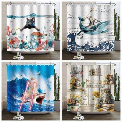 Funny Cute Cat Shower Curtain Bathroom Baby Room Decor Childlike Polyester Fabric Cloth Shower Curtain With Hooks Room Decors