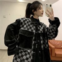 ZZOOI Deeptown Denim Jacket Women Oversized Korean Fashion Streetwear Black Vintage Plaid Jeans Jackets Chic Elegant Gothic Loose Coat