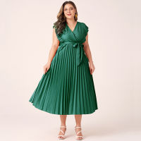 2022 Summer Midi Dress Women Plus Size Green Yellow Burgendy Wine Red Pleated Sashes Fungus Hat-sleeve Sleeveless Holiday Robes