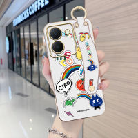 Case4you สำหรับ Vivo Y36 Y36 5G (พร้อมสายรัดข้อมือ) นิ่มลายการ์ตูนขอบสี่เหลี่ยมสีรุ้งตลกๆปลอกชุบเคสโทรศัพท์สุดหรูชุบเคสโทรศัพท์นิ่ม