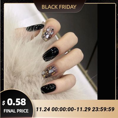 24pcs Square Head Black False Nails Black diamond design Artificial Fake Nails With Glue Full Cover Nail Tips Press On Nails