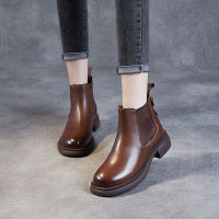 Spot parcel post Womens Ankle Boots 2022 Autumn and Winter New Single-Layer Boots British Style Flat Heel Metal Chelsea Boots Soft Bottom Genuine Leather Shoes