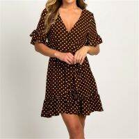 ZZOOI Aachoae Summer Dress 2020 Boho Style Beach Dress Fashion Short Sleeve V-neck Polka Dot A-line Party Dress Sundress Vestidos