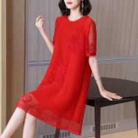 2023 Hot Red Dress Womens Summer  New Short Sleeve Plus Size Skirt Mom Summer Dress Fashionable Plus Size Happy Mother-in-Law Wedding Banquet