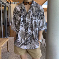 MAYCHEER     เสื้อผู้ชายลายดอกไม้ทรงหลวมเสื้อแขนสั้นบางแขนเสื้อครึ่งหล่อมีสไตล์ฤดูร้อน