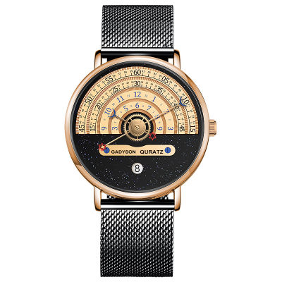 แนวคิดเดือน Xfashion นาฬิกาปฏิทินครึ่งรูเล็ตสีดำและสีขาวแสดงเวลานาฬิกาควอตซ์ของผู้ชายแฟชั่น