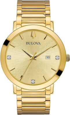 Bulova Modern Quartz Mens Watch, Stainless Steel Diamond Gold Tone