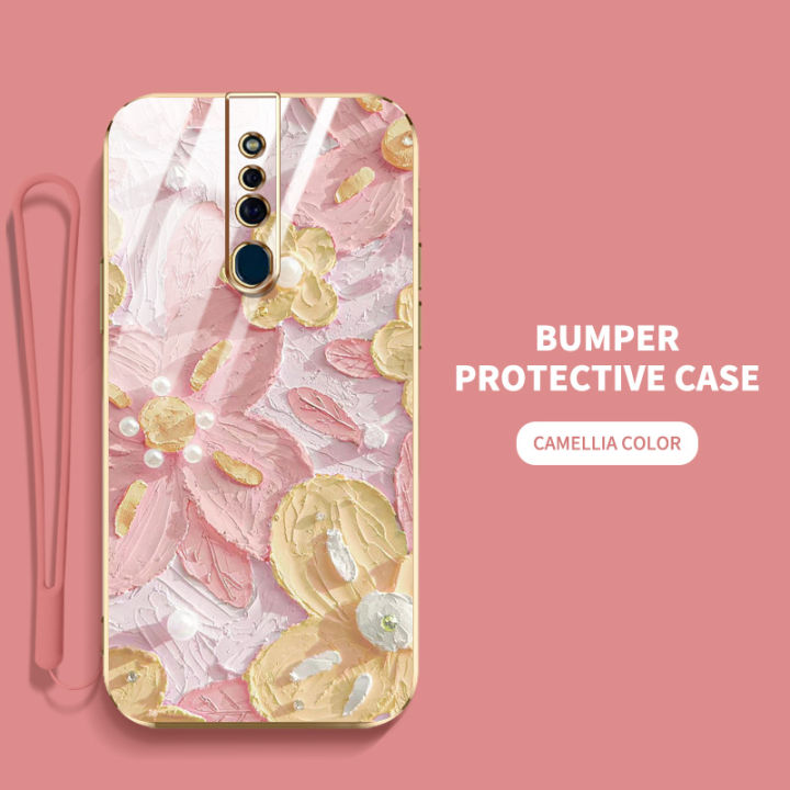 ybdเคสดอกไม้ไข่มุกสำหรับ-oppo-f11-f11-pro-ดีไซน์ใหม่กันกระแทกลวดลายภาพวาดสีน้ำมันเคสแถมฟรีสายคล้องอ่อน