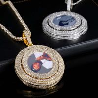 Hip Hop Custom Photo Zircon สร้อยคอผู้ชายหมุนได้รอบ Medallions จี้เครื่องประดับ Fine Memory