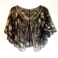 Womens Vintage 1920S Black Mesh &amp; Beaded Sequin Deco Evening Shrug Bolero Flapper Shawl