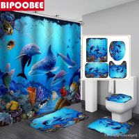 【hot】♠  Underwater Cheerful Printing Shower Curtain with Rug Toilet Cover Set