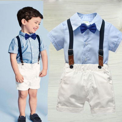 Fashion Kids Clothes Sets Boys Shirt + Suspender 2pcs Newborn Short Sleeve Baby Boy Clothes Bowknot Gentleman Suit fw1