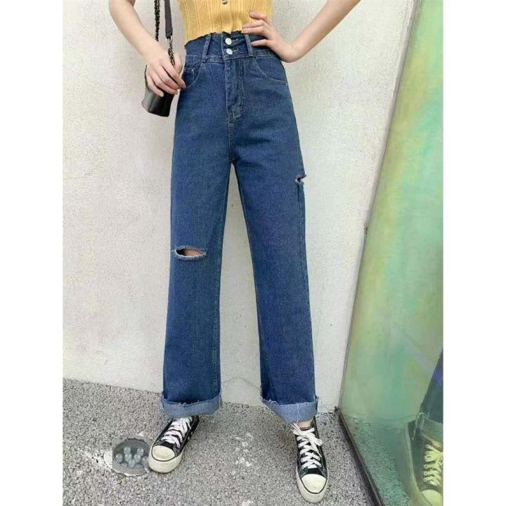 ecstaticgirl-กางเกงยีนส์-เอวสูง-ขาบานแบบขาดๆ-สไตล์เกาหลี-กางเกงยีนส์ขายาว-สวยๆเก๋ๆ-มีไซส์-s-3xl
