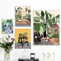 Nordic กรีกกระเบื้อง Botanical House พืช Boho สีเขียวใบ Vintage Maximalist โปสเตอร์ผ้าใบ Wall Art