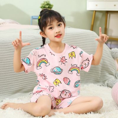 ชุดนอน Baju Bayi Perempuan แขนสั้นสำหรับเด็ก,ชุดนอนเสื้อผ้าเด็กเล็กการ์ตูนชุดนอนเด็กวัยหัดเดินชุดนอนผ้าฝ้ายฤดูร้อน