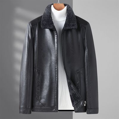 [COD] Dad winter jacket middle-aged mens leather plus velvet thickened one and elderly lapel warm clothes