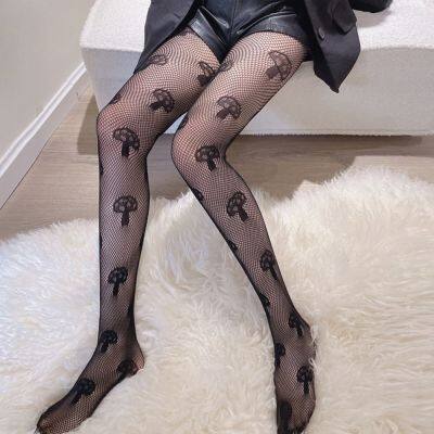 [ใหม่] ญี่ปุ่น Lolita Hollow Lace Fishnet ถุงน่อง Bottoming Pantyhose Retro เห็ดพิมพ์ไนลอนสีดำ Tights Women