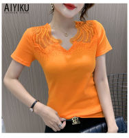 AIYIKU Hot Diamond Sexy V-Neck Short Sleeve T-shirt Women 2023 Summer New Slim Fit Cutout Top Women M to 3XL Sizes