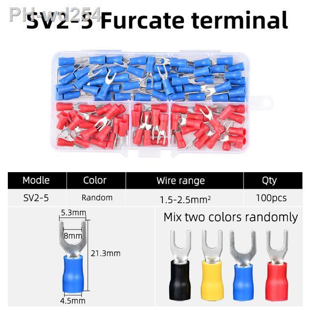 100pcs-box-sv-furcate-crimp-connector-pressed-terminals-sv2-4-5-6-1-25-3-4-color-pre-insulating-cable-wire-fork-spade-awg-22-10