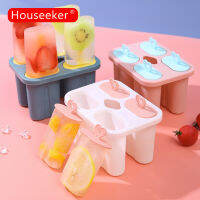 Houseeker 4ช่องแม่พิมพ์ไอศครีมหวานเย็นบ้านแบบทำแม่พิมพ์ไอศกรีมแท่ง DIY ถาดทำไอศกรีมเครื่องมือทำครัวฤดูร้อน