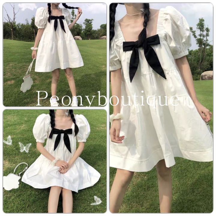 Váy Babydoll Trắng Phối Nơ Đen PEONYB Nữ [FREESHIP] Đầm tay bồng ...