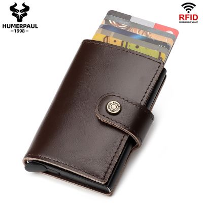 （Layor wallet）  HUMERPAUL Cowhide Leather Thin Men Credit Card Holder Wallet RFID Blocking Minimalist Aluminium Alloy Business Bank Card Case