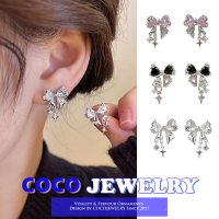 COCOJEWELRY โบว์สไตล์เกาหลีสร้อยคอต่างหูชุบเงินเซอร์คอนพู่ห้อย