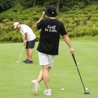 Malbon Golf ใหม่หมวกถังกอล์ฟพิมพ์คอกลมผ้าฝ้ายหลวมแขนสั้นเสื้อยืดสำหรับผู้ชายและผู้หญิง