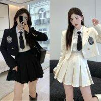 Spot parcel post College Style Small Suit JK Suit Temperament Korean Style Badge Suit White Shirt High Waist Pleated Skirt Uniform Three-Piece Suit