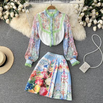 Gorgeous and Elegant Goddess Fan Fashion Suit Skirt Personality Printed Long-sleeved Shirt + Short Skirt Ladies Two-piece Set Spring 2022 New