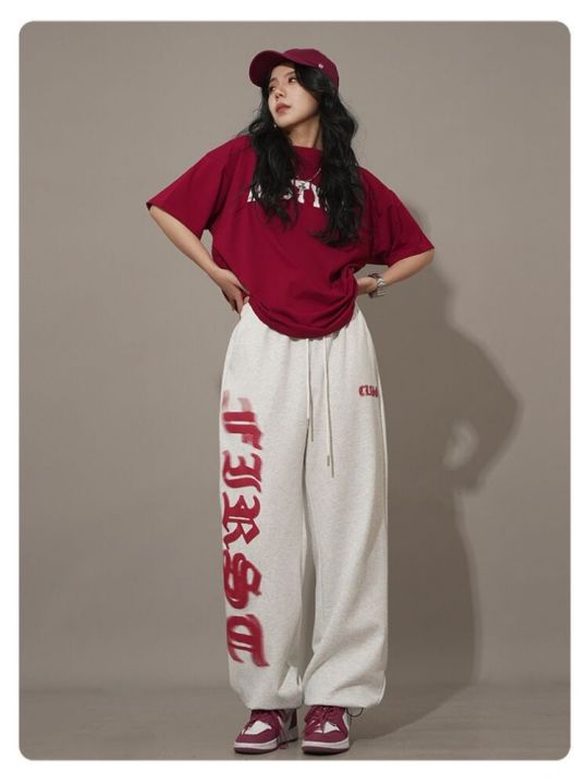 กางเกงขายาวทรงแบ็กกี้สีเทา-y2k-แนวสตรีทแวร์สไตล์เกาหลีชุดวิ่งกางเกงกีฬาฮาราจูกุพิมพ์ตัวอักษร-kpop-ขนาดใหญ่ฮิปฮอปผู้หญิง