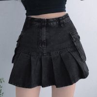 【CC】✵✥  Jeans Skirt Punk Waist Korean Fashion Skirts with Big Pockets Pleated Streetwear