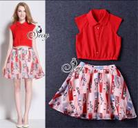 Sevy Two Pieces Of Red Crop Sleeveless Shirt With Organza Striped Chic Girl Mini Skirt Sets