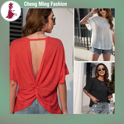 Cheng Ming เสื้อยืดเปิดหลังเว้าหลังผู้หญิง,เสื้อเบลาส์แขนสีทึบเสื้อฤดูร้อนหลวมลำลองแขนสั้นคอกลม