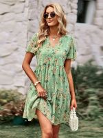 【CC】 Msfilia Fashion Floral V Neck Short Sleeve Loose Printed Dresses