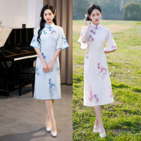 แฟชั่นปรับปรุงครึ่งแขนพิมพ์ซาติน Cheongsam Elegant R ผู้หญิง Qipao จีนทุกวัน Dress