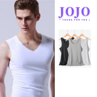 JOJO BOY พร้อมส่งเสื้อกล้ามไร้ รอยต่อสำหรับผู้ชายผ้าไอซ์ซิลค์คอกลมแบบบางออกกำลังกายเข้ารูปยืดหยุ่นซับเหงื่อเสื้อแขนกุด