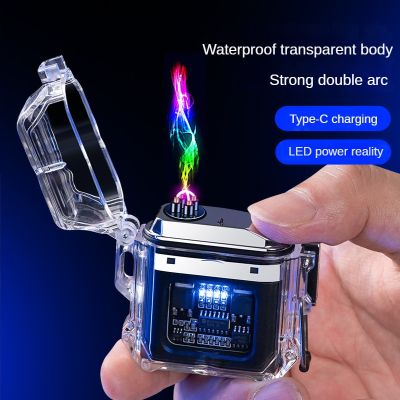 ZZOOI New Transparent Case Electronic Pulse Lighter Outdoor Windproof Waterproof USB Type-C Cool Double Arc Smoking Lighters