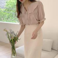 43725 Summer New Style Doll Collar Puff Sleeve Button Cardigan Solid Color Simple All-Match Shirt T