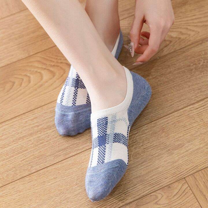 5-pairs-women-plaid-boat-socks-spring-summer-non-slip-casual-cotton-ankle-socks-comfortable-female-shallow-mouth-invisible-socks