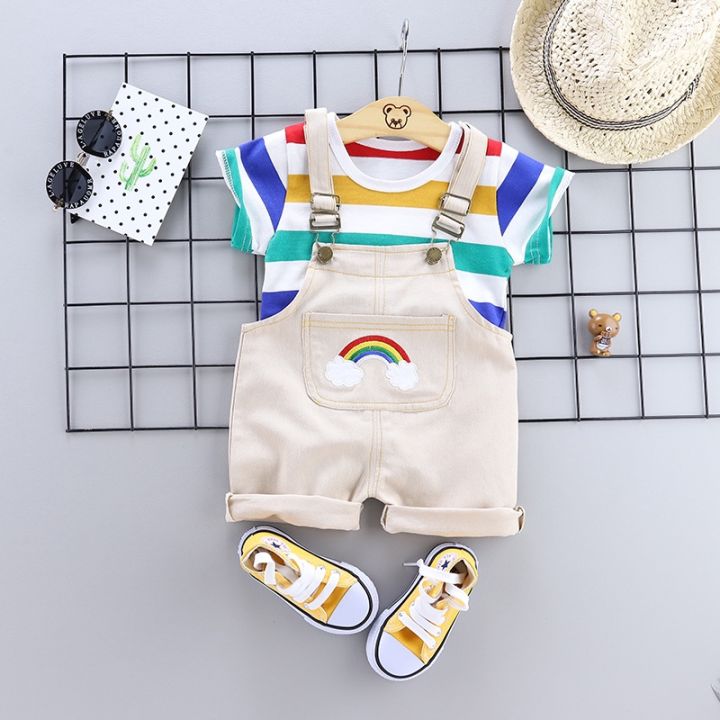 mengqi-2021-new-baju-baby-boys-and-girls-pure-cotton-stripe-short-sleeve-rainbow-back-belt-pants-2-sets-of-quality-childrens-wear