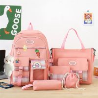 SHUJIN 5PCS Harajuku Youth Women Canvas Backpack School Bags for Teenage Girls Kawaii Backpacks Student Tote Book Bag Rucksack