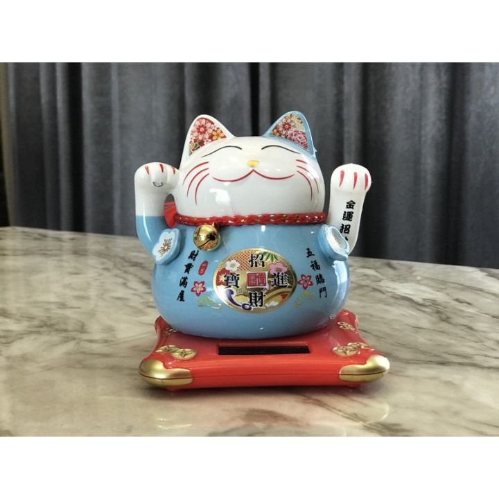 สินค้าใหม่-lucky-cat-แมวกวักญี่ปุ่น-แมวกวักนำโชค-พลังงานแสงอาทิตย์-ทำจากเซรามิค-แมวกวัก-ขนาดสูง-14cm-สีฟ้า