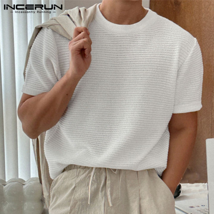 ผู้ชายแขนสั้น-incerun-เสื้อยืดถักลายตารางแบบลำลอง-สไตล์เกาหลี