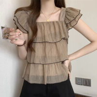 Chiffon Blouse Women Korean Style Fashion Square Neck Tops Summer Short Sleeve White Shirt