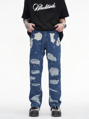 กางเกงยีนส์แนวสตรีทขาดมีตัวอักษรขาดๆแบรนด์อินเทรนด์สำหรับสไตล์วีบแบบหลวมๆที่บางกางเกงขายาวเข้ารูป